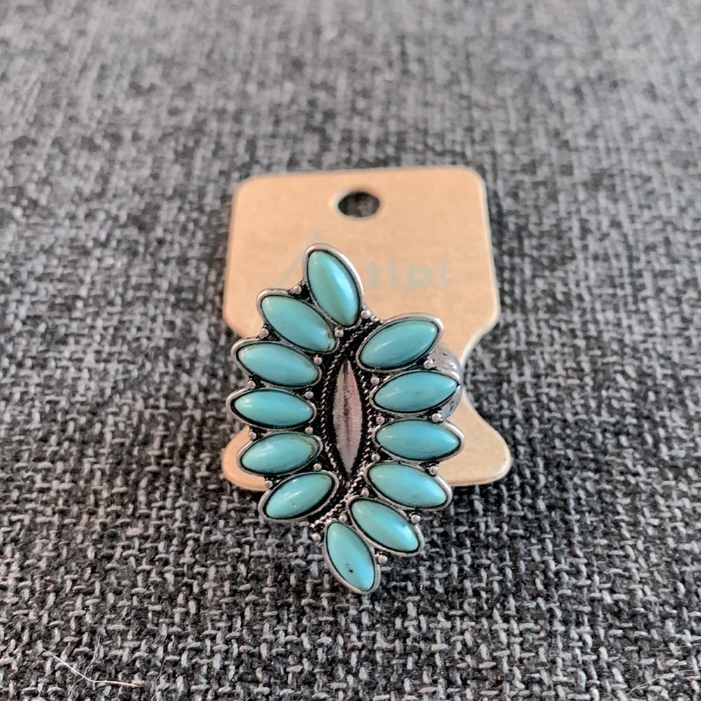 TURQUOISE BEADED SILVERTONE OVERLAPPING OVAL RING - Picture 4 of 4
